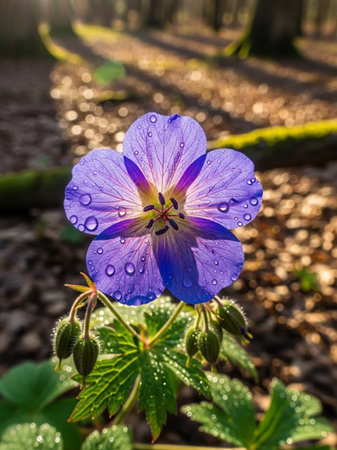 Beautiful purple geranium flower with raindrops on the petalsの写真素材