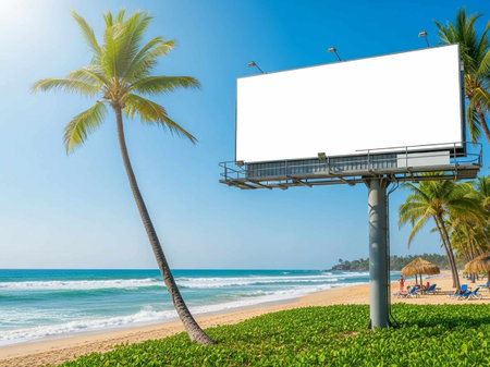 Blank billboard on the beach with palm tree and blue sky.の写真素材