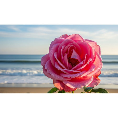 Blank white paper with pink rose on the beach with copy spaceの写真素材