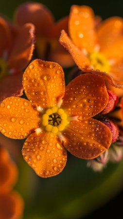 Close-up of an orange primrose flower with dew drops
