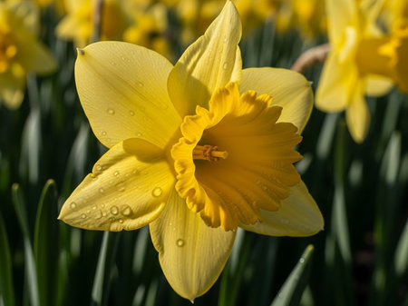 Yellow daffodils with water droplets on the petalsの写真素材