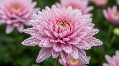 pink chrysanthemum flower with water drops on petalsの写真素材