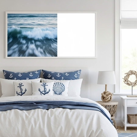 White bedroom interior with sea view and mock up poster. 3d renderの写真素材