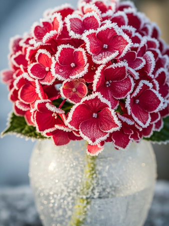 Hydrangea flowers covered with snow in a vaseの写真素材