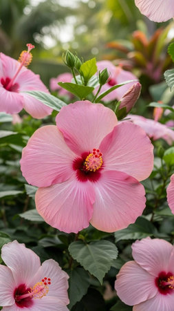 Pink hibiscus flower blooming in the garden, stock photoの写真素材