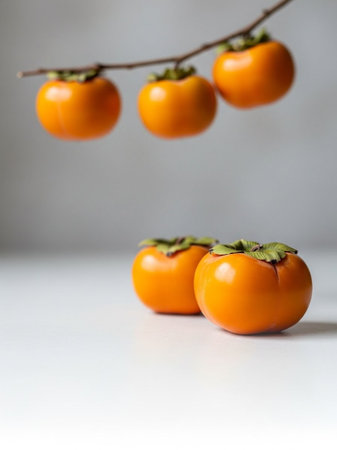 Persimmon fruit on a gray background. Selective focus.の写真素材