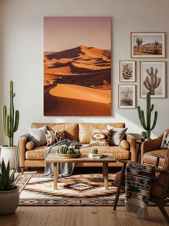 Modern living room interior with sofa, coffee table, cactus and picture on wall. 3d renderの写真素材