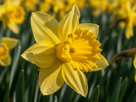 Yellow daffodils with water drops on petals close-upの写真素材