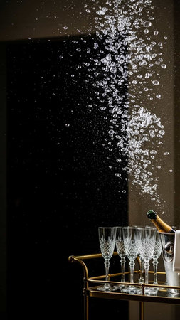 bottle of champagne and glasses with splashes on a black backgroundの写真素材