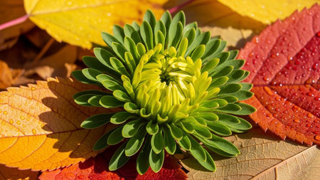 Close-up of a green chrysanthemum among autumn leavesの写真素材
