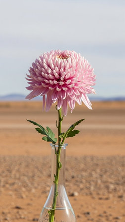 Pink chrysanthemum in a glass vase on the background of the desertの写真素材