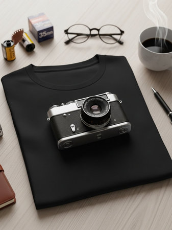 Black t-shirt mockup with vintage camera and accessories on wooden backgroundの写真素材