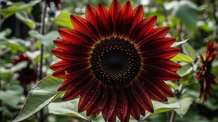Close up of a red sunflower in bloom with dew dropsの写真素材