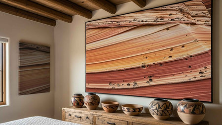 Interior of modern bedroom with wooden commode and tv. Nobody insideの写真素材