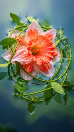 Daffodil flower in the water with drops of dewの写真素材