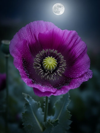 poppy flower with full moon in the background, very shallow dof