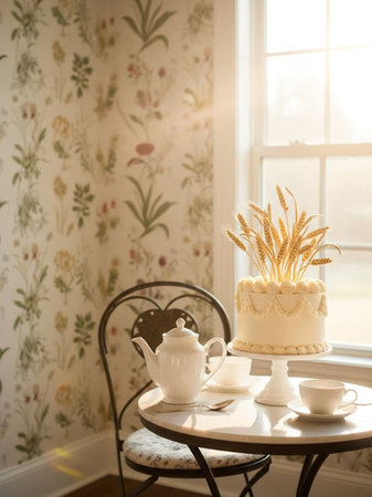 Coffee cup and teapot on table in vintage room