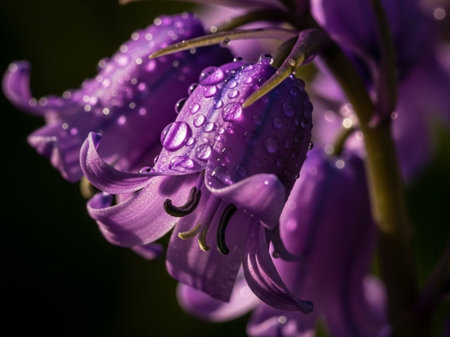 Close up of purple hyacinth flower with water drops on petals