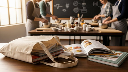 Coffee bag with coffee cups and book on table in cafe