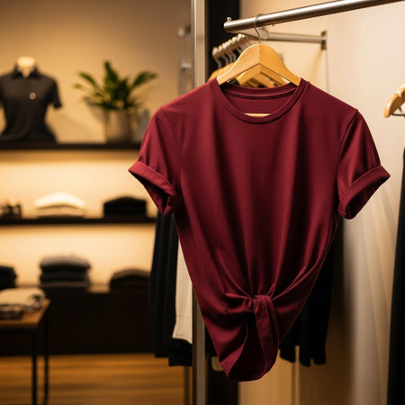 Women's red t-shirt on a hanger in a clothing store