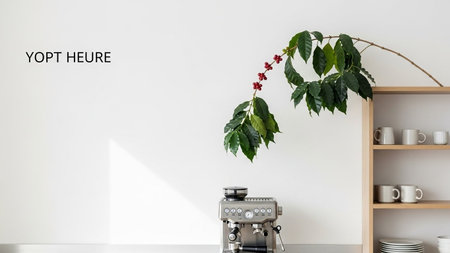 Coffee shop interior with coffee machine and coffee beans on the tableの写真素材