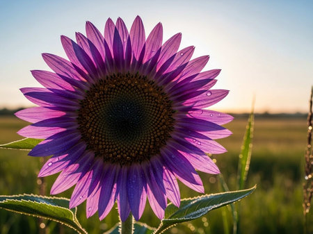 Beautiful purple sunflower with dew drops in the field.の写真素材
