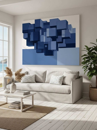 Interior of modern living room with blue cube on wall 3D renderingの写真素材