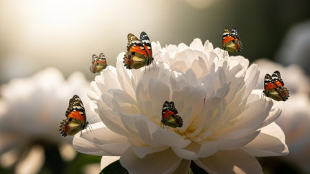 Butterflies on a white peony flower in the garden.の写真素材