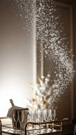 Champagne glasses and champagne bottle on a golden tray with falling snowの写真素材