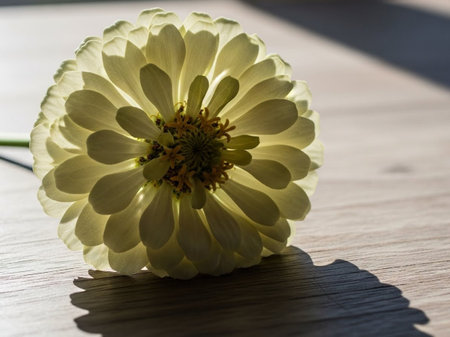 White zinnia flower on wooden background. Selective focus.の写真素材