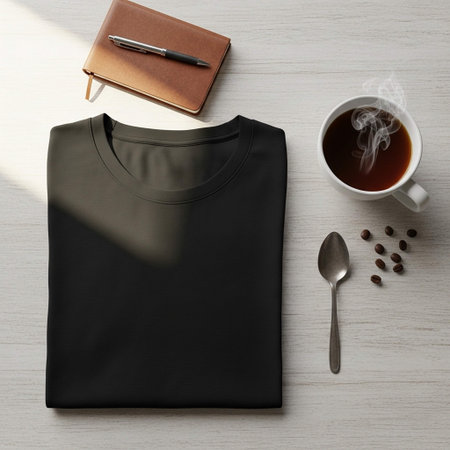 Black blank t-shirt with cup of coffee and notebook on wooden tableの写真素材