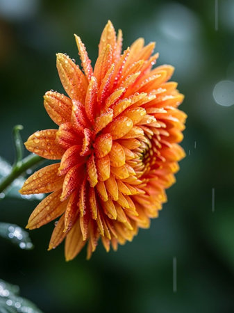 Orange chrysanthemum flower with rain drops on petalsの写真素材