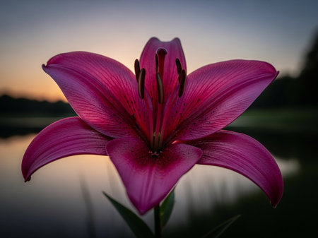 Pink lily on the background of the lake in the evening.の写真素材