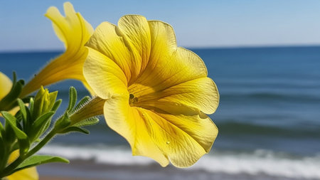 Yellow Petunia flower on the background of the sea and blue skyの写真素材