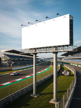Blank billboard on the race track ready for new advertisement with blue skyの写真素材