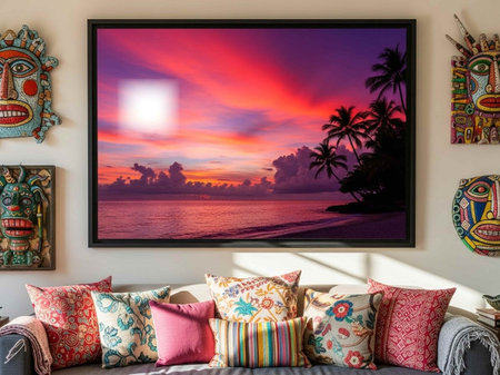 Pillow on sofa with beautiful sunset on the sea background.の写真素材