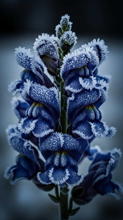 Close-up of blue lupine flowers covered with hoarfrost