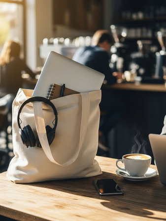 Close-up of a bag with headphones, laptop and smartphone on a wooden table in a cafeの写真素材