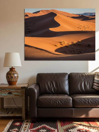 Interior design of modern living room with sofa, coffee table and dunes