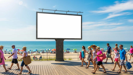 Mock up blank billboard with people walking on the beach in summer