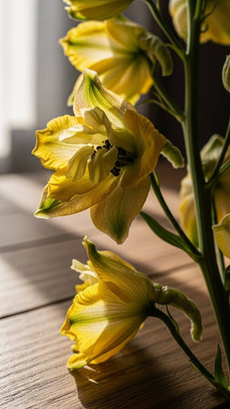 Beautiful yellow lilies on a wooden background. Selective focus.