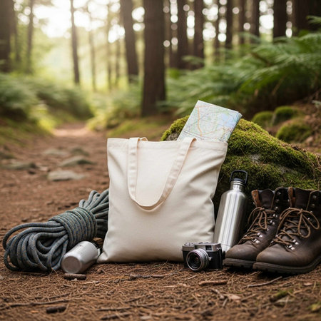 Hiking equipment and bag in the forest. Trekking concept.