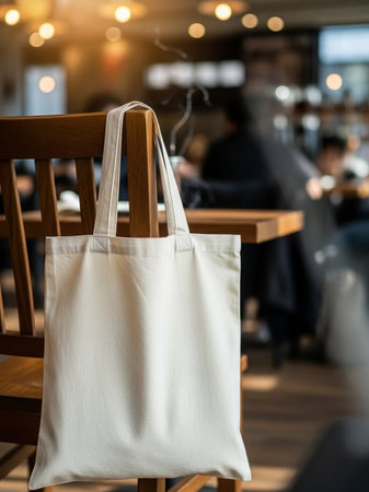 Eco bag on the wooden chair in coffee shop, selective focus