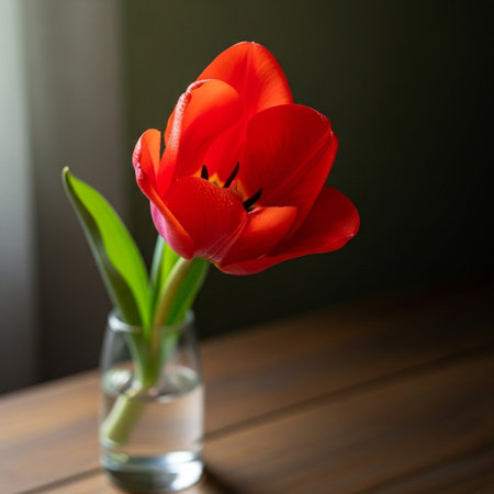 Red tulip in a vase on a wooden table. Spring flowers.