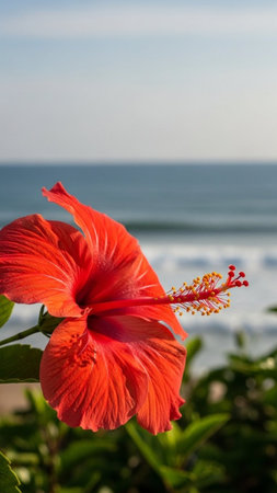 Red hibiscus flower on the beach with the sea in the backgroundの写真素材