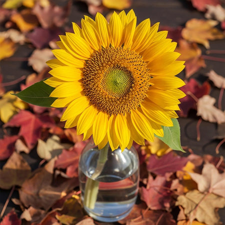 Sunflower in a vase on a background of autumn leaves.の写真素材