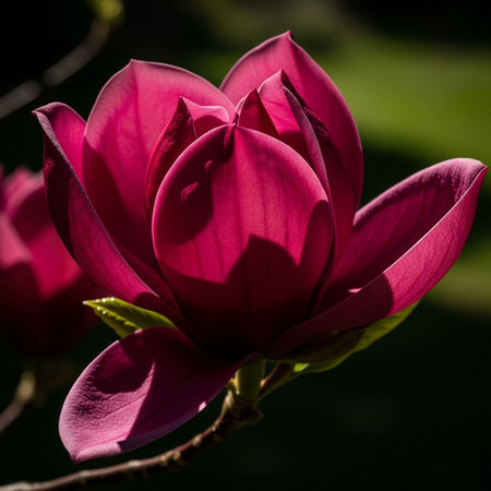 Beautiful pink magnolia flower on a dark green background close upの写真素材