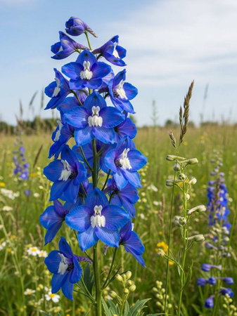 Blue delphinium flower in a meadow on a sunny dayの写真素材