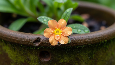 Beautiful little flower in a pot with water drops on it.の写真素材