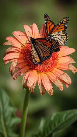 monarch butterfly on orange gerbera flower with green leaves background